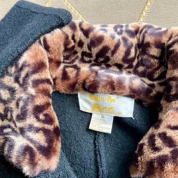 Talley Ho Cardigan Vintage Boiled Wool Black with Faux Leopard Print Collar (M) - Picture 6 of 8